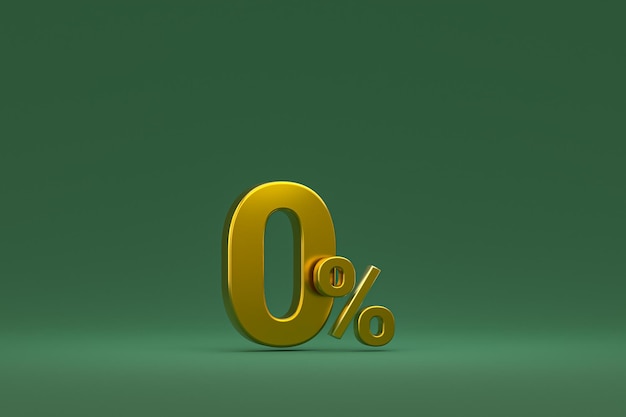 Знак нулевого процента и скидка на продажу на зеленом фоне со специальной ставкой 3d-рендеринга