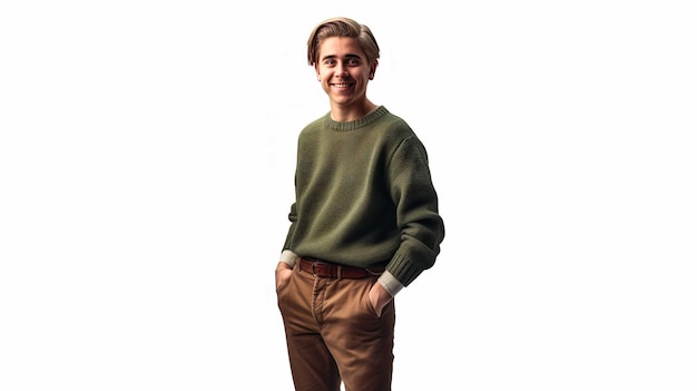 사진 녹색 스웨터를 입은 남자가 주머니에 손을 넣고 서 있습니다.