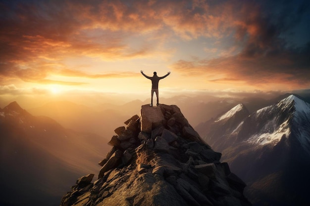 Фото Мужчина стоит на вершине горы с поднятыми вверх руками.