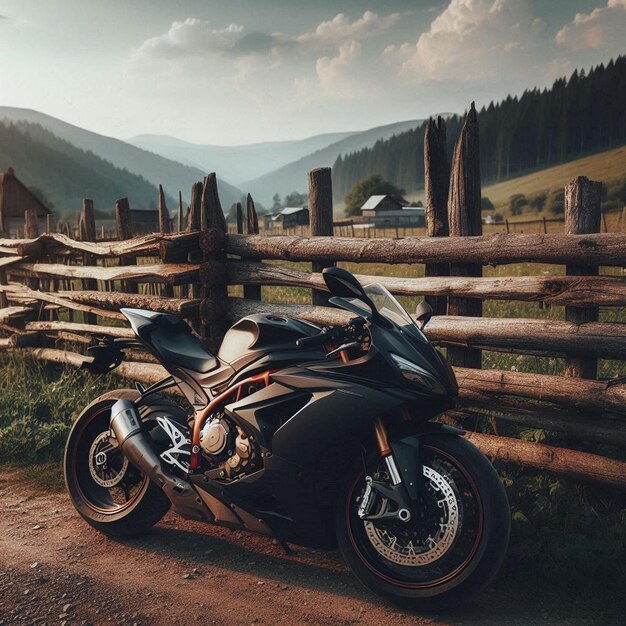 Фото Мотоцикл припаркован у забора и имеет деревянный забор на заднем плане