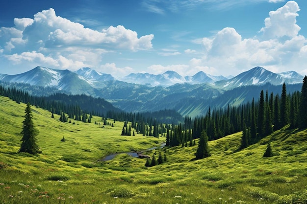 Фото Горный пейзаж с лесом и горами на заднем плане.