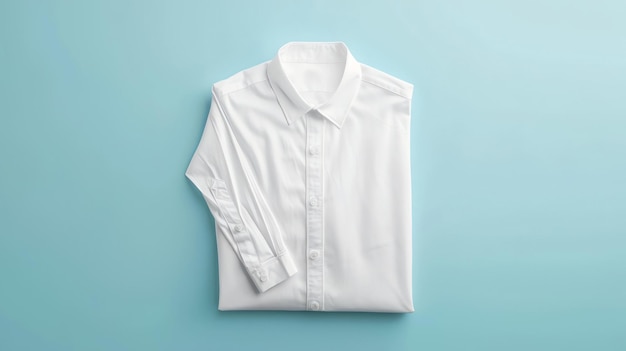 写真 青い背景に隔離されたきれいに折りたたまれた白い長袖のシャツシャツは襟とボタンを向上させて折りたてられています