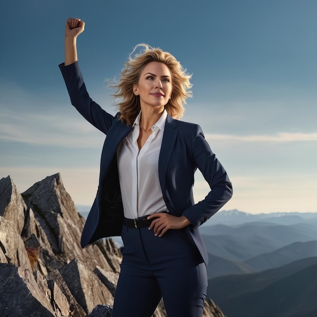 Фото Деловая женщина триумфально стоит на вершине горы, символизируя достижение своего