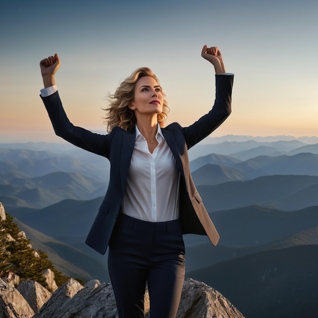 Фото Деловая женщина триумфально стоит на вершине горы, символизируя достижение своего