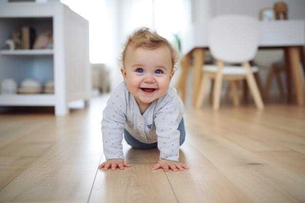 Фото Ребёнок ползает по полу в комнате, исследуя свое окружение. счастливый маленький ребенок начинает ползать по полу дома.