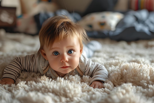 Фото Ребёнок лежит на белом ковре с голубыми глазами