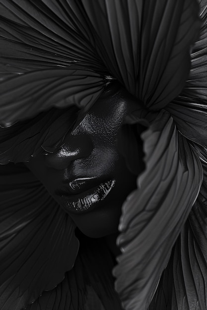 Фото Черно-белая фотография женского лица с черными перьями