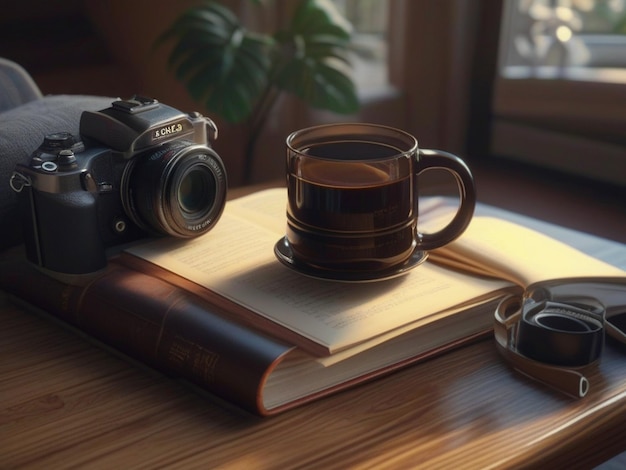 Фото Чашка кофе и камера на столе.