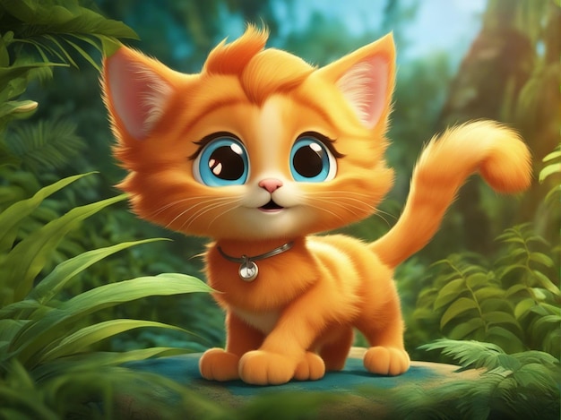 Фото Милый оранжевый котенок изолирован на размытом фоне джунглей