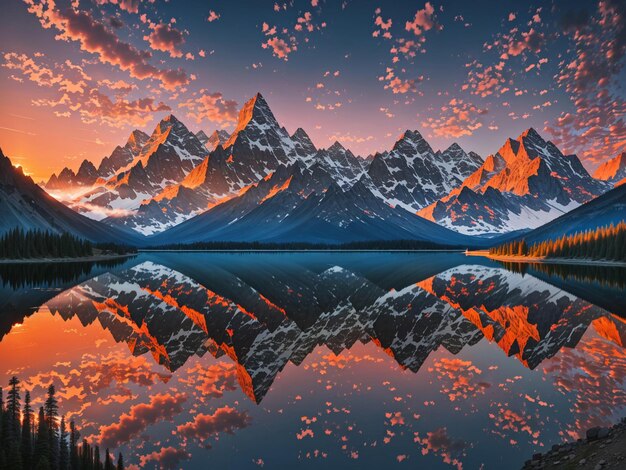 Фото Завораживающий закат над горным озером, обрамленным далекими вершинами, образует завораживающую природную мачту.