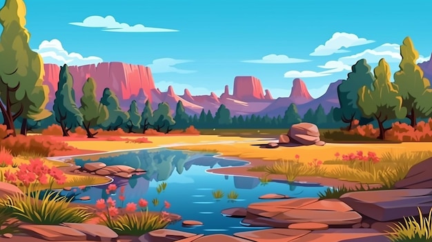 Фото Карикатура на красивый горный пейзаж с речным генеративным искусственным интеллектом