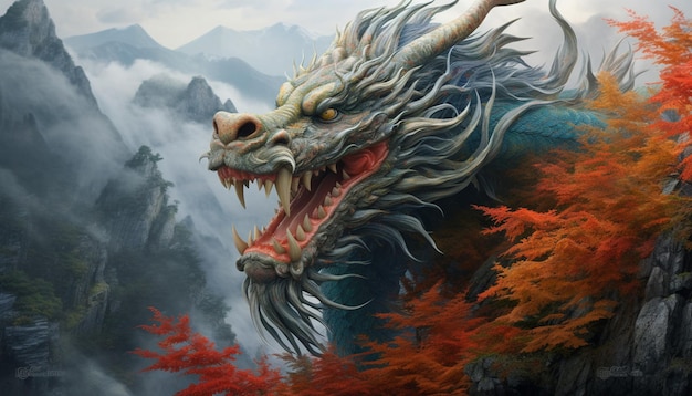 사진 중국의 드래곤이 후앙산 산맥의 안개 에서 나타납니다.