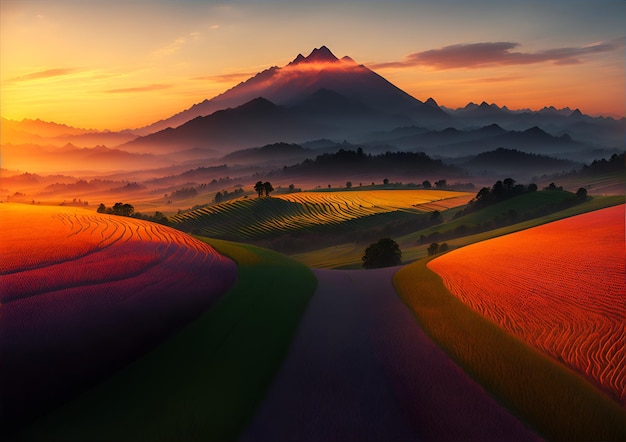 Фото Красочный пейзаж с горами и дорогой с горой на заднем плане.