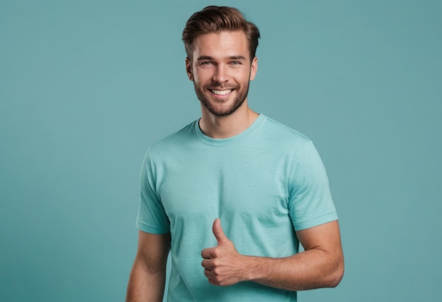 Фото Подходящий молодой человек в синей футболке, поднимающий большой палец, его яркая улыбка и расслабленная поза передают