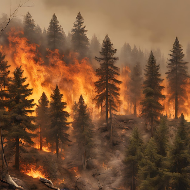 Фото Лесной пожар горит на заднем плане и деревья сожжены