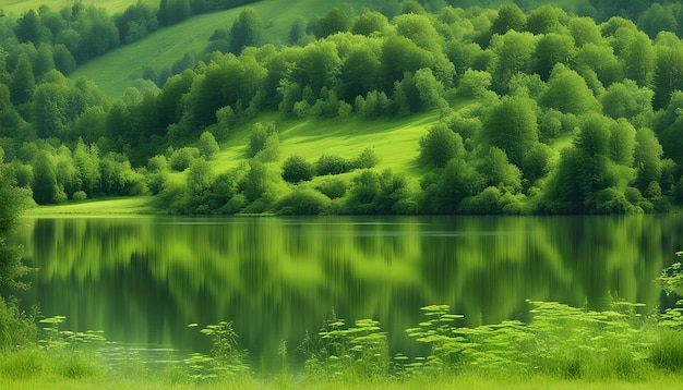 Фото Зеленое горное озеро с деревьями и лесом на заднем плане