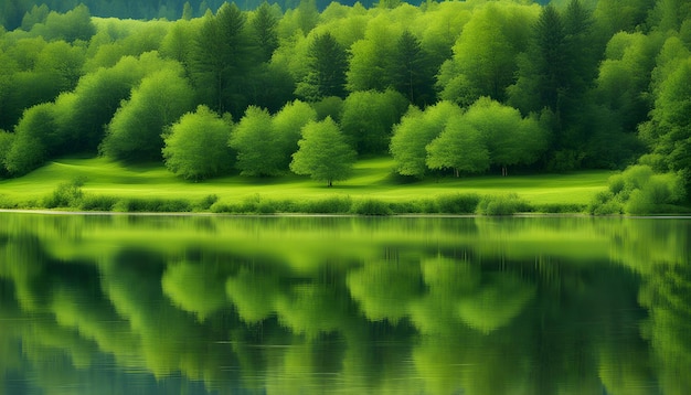 Фото Зеленый ландшафт с деревьями и озером на заднем плане