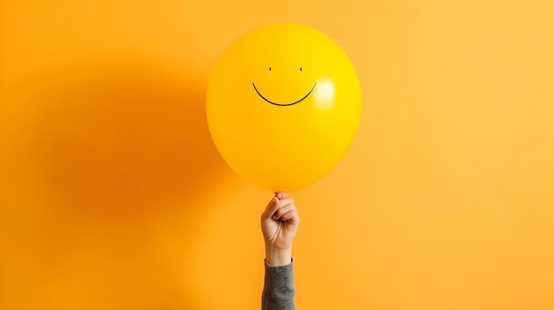 Фото Рука, держащая желтый воздушный шар с улыбающимся лицом