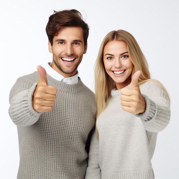 Фото Счастливая пара с поднятыми большим пальцем, одетая в свитеры, изолированные на белом фоне