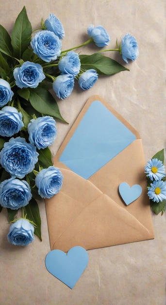 Фото Конверт в форме сердца с сердцем и голубой карточкой посередине