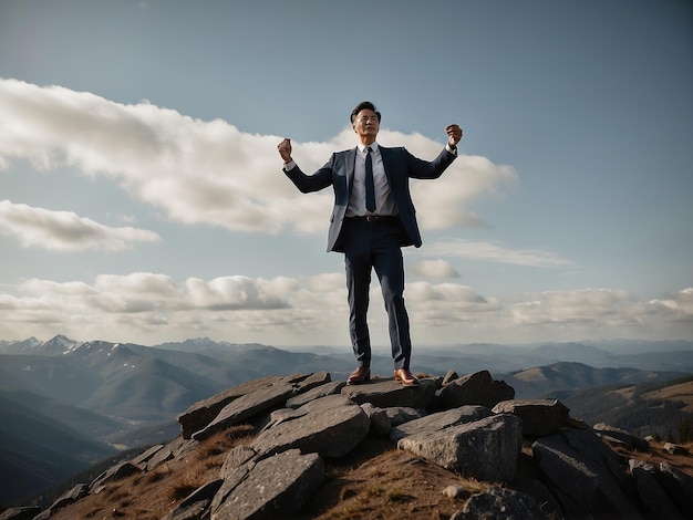 Фото Очень опытный бизнесмен уверенно стоит на вершине величественной горы