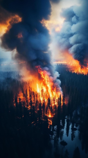 Фото Большой огонь горит посреди леса.