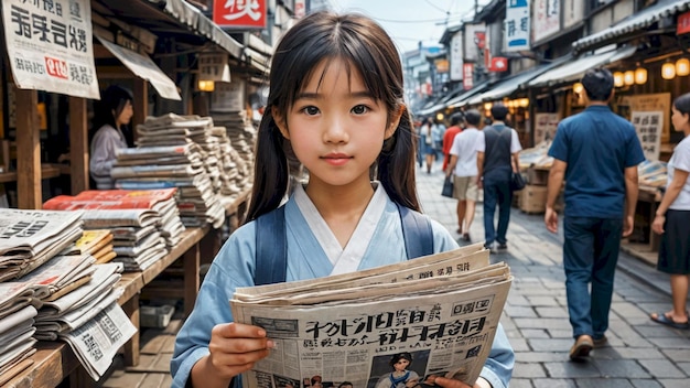 写真 手に新聞を持った小さな女の子