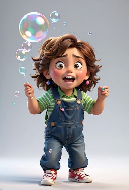 Фото Маленькая девочка в комбинезоне и комбинезон взрывает пузырьки