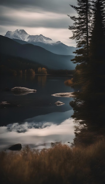 Фото Картина горного озера с горой на заднем плане.
