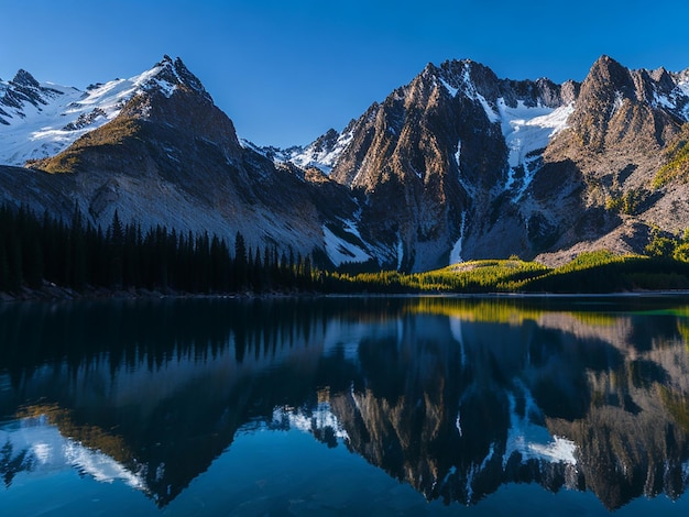 Фото Картина горного озера с горой на заднем плане