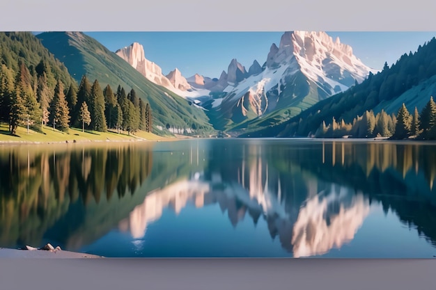 Фото Картина горного озера со снегом в горах на заднем плане.