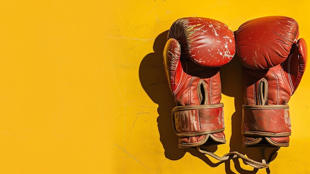 Фото Пара красных боксерских перчаток висит на желтой стене перчатки старые и изношенные с следами царапины и пятнами грязи шнурки связаны друг с другом