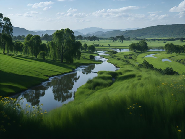 Фото Мирная сцена травянистого луга, окруженного рекой с множеством деревьев