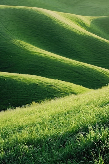 Фото Живописное зеленое поле травы с холмами на заднем плане подходит для природы и ландшафтных тем