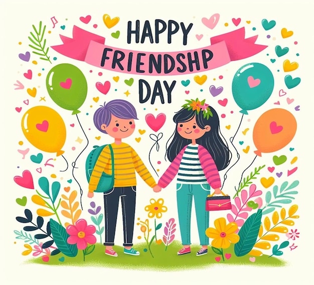 Фото Плакат на день дружбы с девушкой и розовой лентой с надписью 