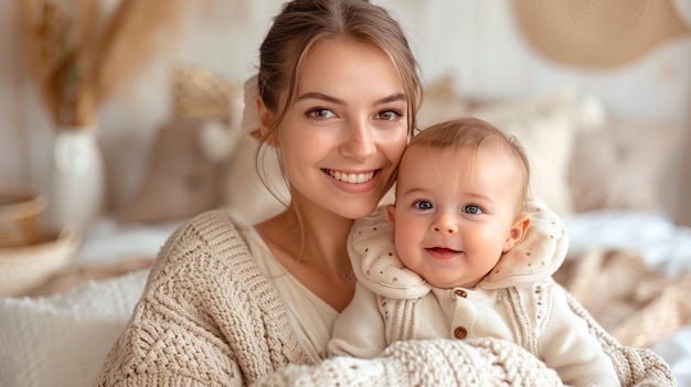 Фото Портрет женщины, держащей ребенка, улыбающегося и смотрящего в камеру в спальне с земными тонами