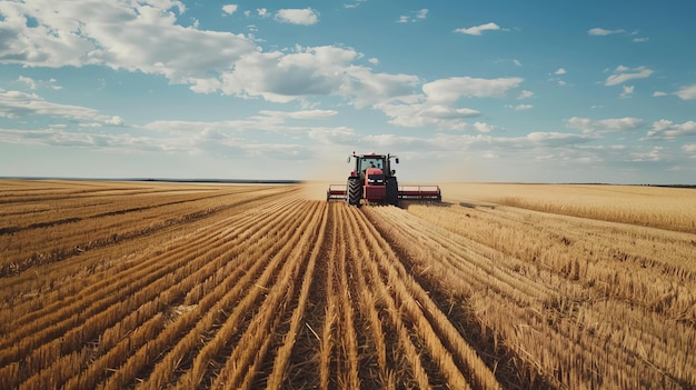 Фото Красный трактор проезжает через свежесоборенное пшеничное поле