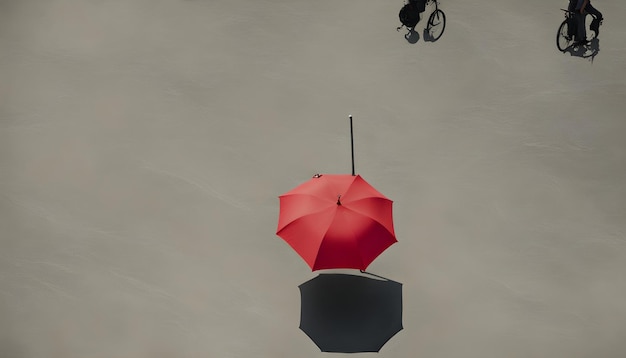 Фото Красный зонтик перевернут вниз, а человек едет на велосипеде.