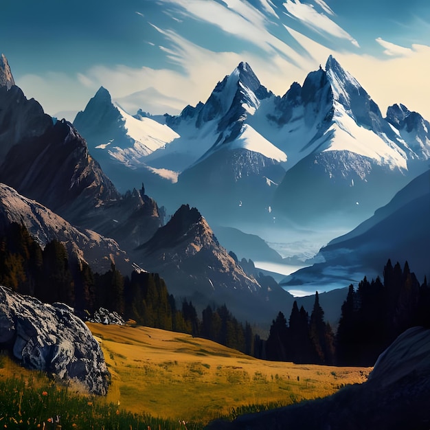 Фото Потрясающий природный пейзаж альп с заснеженными вершинами