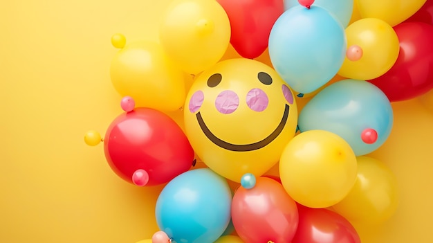 Фото Студийный снимок кучки разноцветных воздушных шаров с улыбающимся лицом на одном из желтых шаров