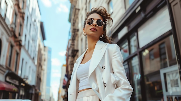Фото Стильная женщина в белом блейзере и солнцезащитных очках уверенно стоит на городской улице