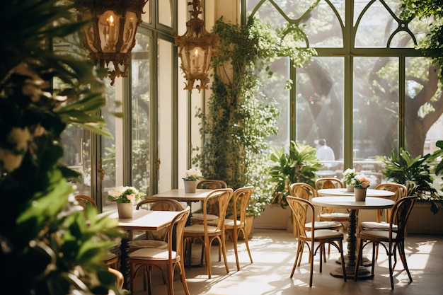 Фото Спокойное кафе с зеленью и естественным светом эспрессо элегантность