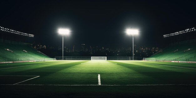 Фото Футбольное поле, освещенное ночью, идеально подходит для спортивных мероприятий и ночных игр.