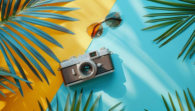 Фото Тропические солнцезащитные очки, ретро-камера и пальмовые листья на пастельно-синем и желтом фоне