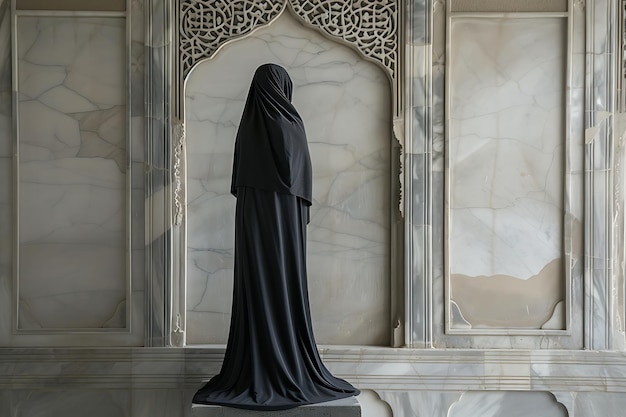 Фото Женщина в черном платье стоит перед статуей женщины