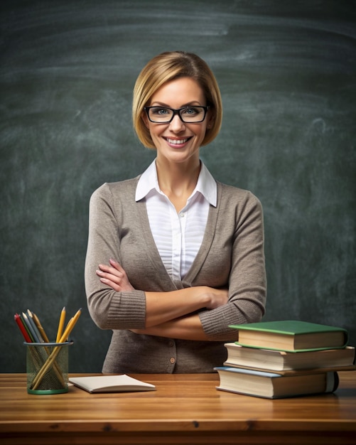 Фото Женщина-учитель в очках стоит перед доской с книгами счастливого дня учителя