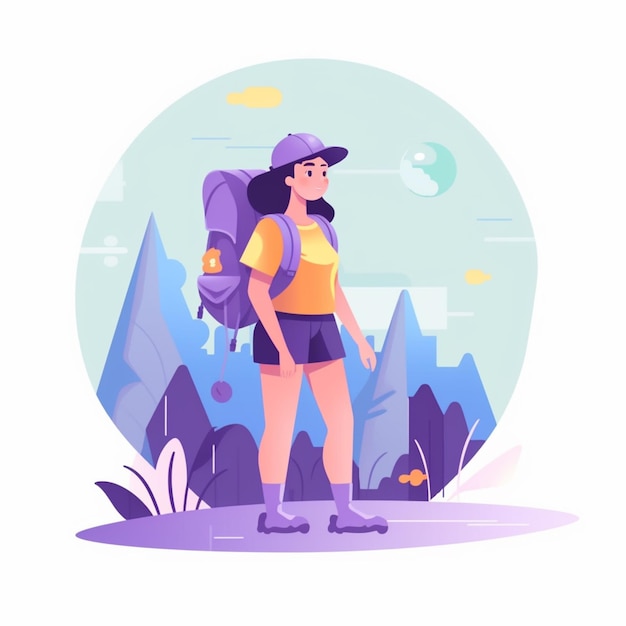 Фото Женщина с рюкзаком стоит в горах генеративный искусственный интеллект