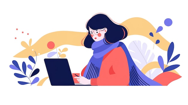 Фото Женщина с шарфом в кафе просматривает свой ноутбук