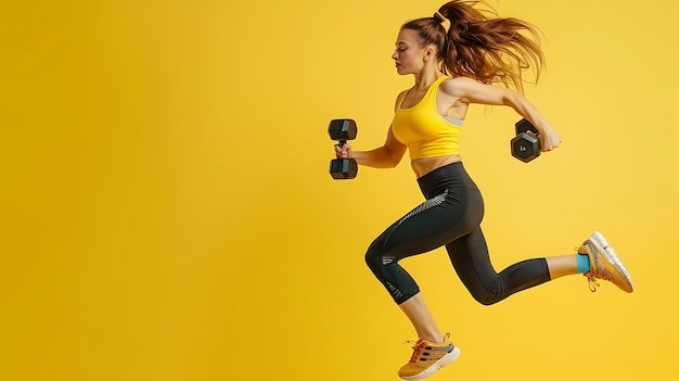 Фото Женщина с боксерскими перчатками, бегущая с желтым фоном