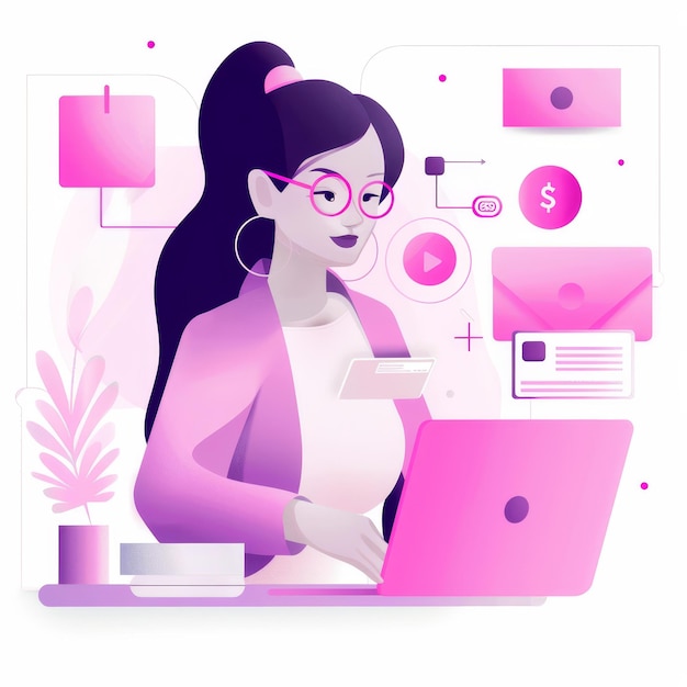 Фото Женщина, работающая на ноутбуке с розовым фоном с розово-черным дизайном